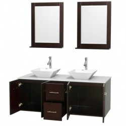 60 inch Double Bathroom Vanity in Espresso, White Man-Made Stone Countertop, Pyra White Porcelain Sinks, and 24 inch Mirrors