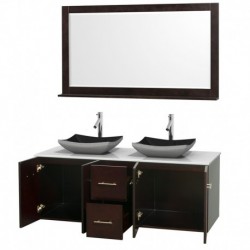 60 inch Double Bathroom Vanity in Espresso, White Man-Made Stone Countertop, Altair Black Granite Sinks, and 58 inch Mirror
