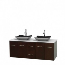 60 inch Double Bathroom Vanity in Espresso, White Man-Made Stone Countertop, Altair Black Granite Sinks, and No Mirror
