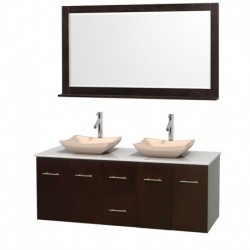 60 inch Double Bathroom Vanity in Espresso, White Man-Made Stone Countertop, Avalon Ivory Marble Sinks, and 58 inch Mirror