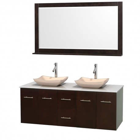 60 inch Double Bathroom Vanity in Espresso, White Man-Made Stone Countertop, Avalon Ivory Marble Sinks, and 58 inch Mirror