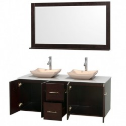 60 inch Double Bathroom Vanity in Espresso, White Man-Made Stone Countertop, Avalon Ivory Marble Sinks, and 58 inch Mirror