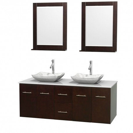 60 inch Double Bathroom Vanity in Espresso, White Man-Made Stone Countertop, Avalon White Carrera Marble Sinks, and 24 inch Mir
