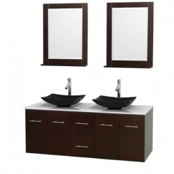 60 inch Double Bathroom Vanity in Espresso, White Man-Made Stone Countertop, Arista Black Granite Sinks, and 24 inch Mirrors