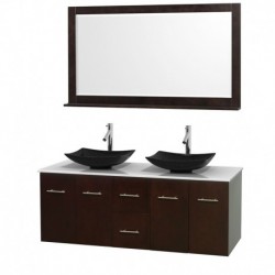 60 inch Double Bathroom Vanity in Espresso, White Man-Made Stone Countertop, Arista Black Granite Sinks, and 58 inch Mirror
