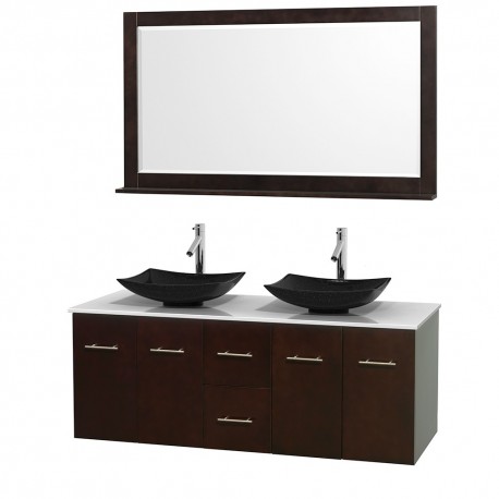 60 inch Double Bathroom Vanity in Espresso, White Man-Made Stone Countertop, Arista Black Granite Sinks, and 58 inch Mirror