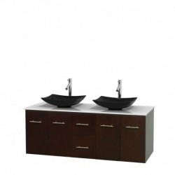 60 inch Double Bathroom Vanity in Espresso, White Man-Made Stone Countertop, Arista Black Granite Sinks, and No Mirror