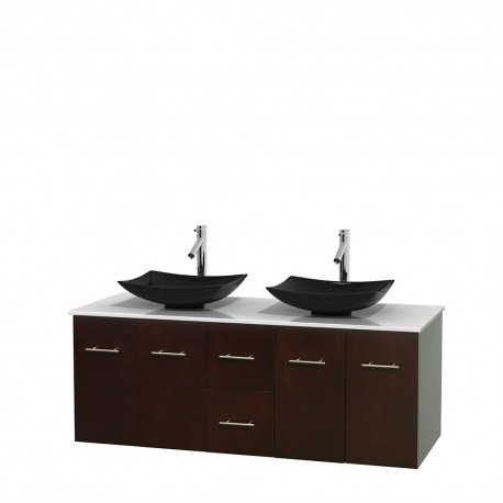 60 inch Double Bathroom Vanity in Espresso, White Man-Made Stone Countertop, Arista Black Granite Sinks, and No Mirror