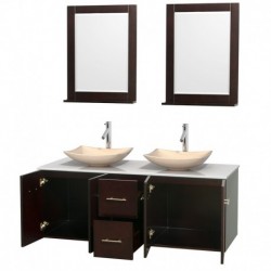 60 inch Double Bathroom Vanity in Espresso, White Man-Made Stone Countertop, Arista Ivory Marble Sinks, and 24 inch Mirrors