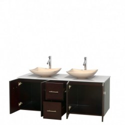 60 inch Double Bathroom Vanity in Espresso, White Man-Made Stone Countertop, Arista Ivory Marble Sinks, and No Mirror