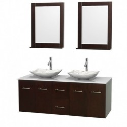 60 inch Double Bathroom Vanity in Espresso, White Man-Made Stone Countertop, Arista White Carrera Marble Sinks, and 24 inch Mir