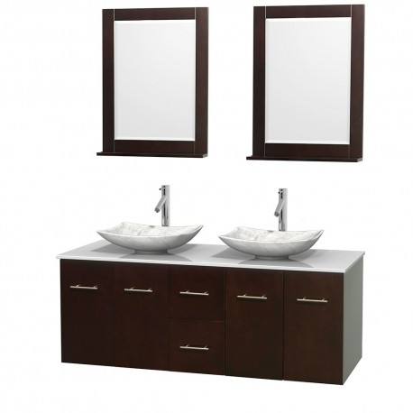 60 inch Double Bathroom Vanity in Espresso, White Man-Made Stone Countertop, Arista White Carrera Marble Sinks, and 24 inch Mir
