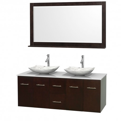 60 inch Double Bathroom Vanity in Espresso, White Man-Made Stone Countertop, Arista White Carrera Marble Sinks, and 58 inch Mir