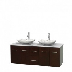 60 inch Double Bathroom Vanity in Espresso, White Man-Made Stone Countertop, Arista White Carrera Marble Sinks, and No Mirror