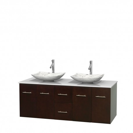 60 inch Double Bathroom Vanity in Espresso, White Man-Made Stone Countertop, Arista White Carrera Marble Sinks, and No Mirror