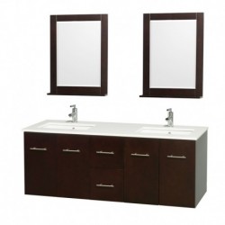 60 inch Double Bathroom Vanity in Espresso, White Man-Made Stone Countertop, Undermount Square Sink, and 24 inch Mirrors
