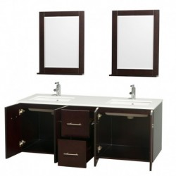 60 inch Double Bathroom Vanity in Espresso, White Man-Made Stone Countertop, Undermount Square Sink, and 24 inch Mirrors
