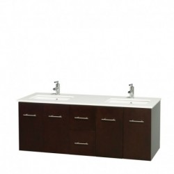 60 inch Double Bathroom Vanity in Espresso, White Man-Made Stone Countertop, Undermount Square Sinks, and No Mirror