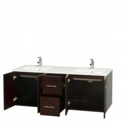 60 inch Double Bathroom Vanity in Espresso, White Man-Made Stone Countertop, Undermount Square Sinks, and No Mirror