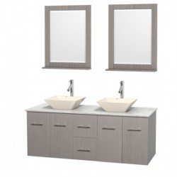 60 inch Double Bathroom Vanity in Gray Oak, White Carrera Marble Countertop, Pyra Bone Porcelain Sinks, and 24 inch Mirrors