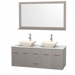 60 inch Double Bathroom Vanity in Gray Oak, White Carrera Marble Countertop, Pyra Bone Porcelain Sinks, and 58 inch Mirror