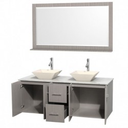 60 inch Double Bathroom Vanity in Gray Oak, White Carrera Marble Countertop, Pyra Bone Porcelain Sinks, and 58 inch Mirror