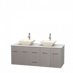 60 inch Double Bathroom Vanity in Gray Oak, White Carrera Marble Countertop, Pyra Bone Porcelain Sinks, and No Mirror