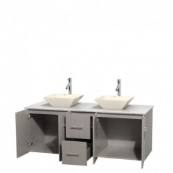 60 inch Double Bathroom Vanity in Gray Oak, White Carrera Marble Countertop, Pyra Bone Porcelain Sinks, and No Mirror