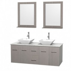 60 inch Double Bathroom Vanity in Gray Oak, White Carrera Marble Countertop, Pyra White Porcelain Sinks, and 24 inch Mirrors