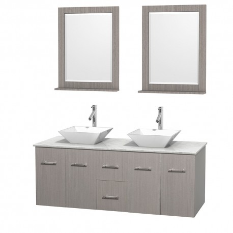 60 inch Double Bathroom Vanity in Gray Oak, White Carrera Marble Countertop, Pyra White Porcelain Sinks, and 24 inch Mirrors