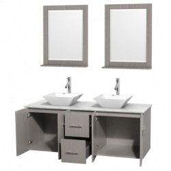 60 inch Double Bathroom Vanity in Gray Oak, White Carrera Marble Countertop, Pyra White Porcelain Sinks, and 24 inch Mirrors