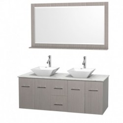 60 inch Double Bathroom Vanity in Gray Oak, White Carrera Marble Countertop, Pyra White Porcelain Sinks, and 58 inch Mirror