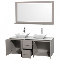60 inch Double Bathroom Vanity in Gray Oak, White Carrera Marble Countertop, Pyra White Porcelain Sinks, and 58 inch Mirror