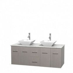 60 inch Double Bathroom Vanity in Gray Oak, White Carrera Marble Countertop, Pyra White Porcelain Sinks, and No Mirror