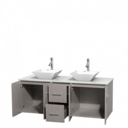 60 inch Double Bathroom Vanity in Gray Oak, White Carrera Marble Countertop, Pyra White Porcelain Sinks, and No Mirror