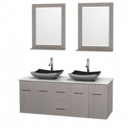 60 inch Double Bathroom Vanity in Gray Oak, White Carrera Marble Countertop, Altair Black Granite Sinks, and 24 inch Mirrors