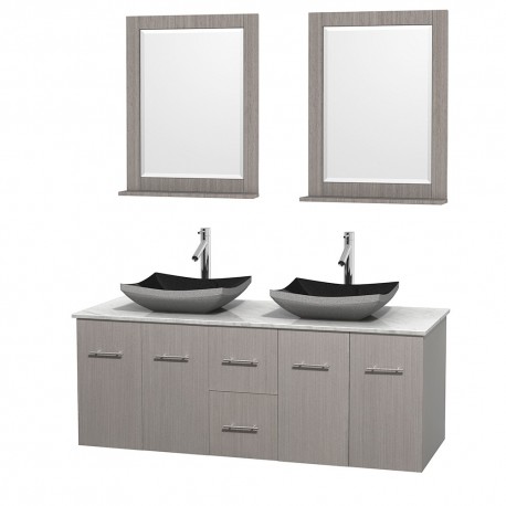 60 inch Double Bathroom Vanity in Gray Oak, White Carrera Marble Countertop, Altair Black Granite Sinks, and 24 inch Mirrors