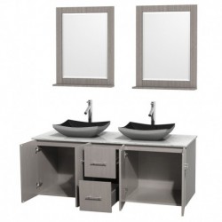 60 inch Double Bathroom Vanity in Gray Oak, White Carrera Marble Countertop, Altair Black Granite Sinks, and 24 inch Mirrors