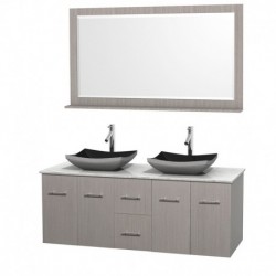 60 inch Double Bathroom Vanity in Gray Oak, White Carrera Marble Countertop, Altair Black Granite Sinks, and 58 inch Mirror