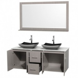 60 inch Double Bathroom Vanity in Gray Oak, White Carrera Marble Countertop, Altair Black Granite Sinks, and 58 inch Mirror