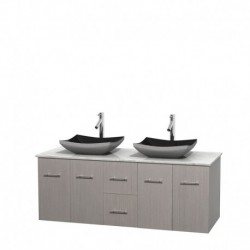 60 inch Double Bathroom Vanity in Gray Oak, White Carrera Marble Countertop, Altair Black Granite Sinks, and No Mirror