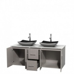 60 inch Double Bathroom Vanity in Gray Oak, White Carrera Marble Countertop, Altair Black Granite Sinks, and No Mirror