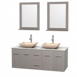 60 inch Double Bathroom Vanity in Gray Oak, White Carrera Marble Countertop, Avalon Ivory Marble Sinks, and 24 inch Mirrors
