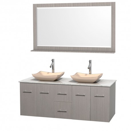 60 inch Double Bathroom Vanity in Gray Oak, White Carrera Marble Countertop, Avalon Ivory Marble Sinks, and 58 inch Mirror