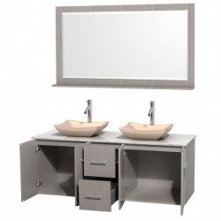 60 inch Double Bathroom Vanity in Gray Oak, White Carrera Marble Countertop, Avalon Ivory Marble Sinks, and 58 inch Mirror