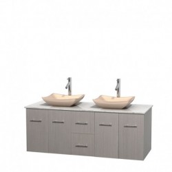 60 inch Double Bathroom Vanity in Gray Oak, White Carrera Marble Countertop, Avalon Ivory Marble Sinks, and No Mirror