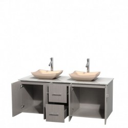 60 inch Double Bathroom Vanity in Gray Oak, White Carrera Marble Countertop, Avalon Ivory Marble Sinks, and No Mirror