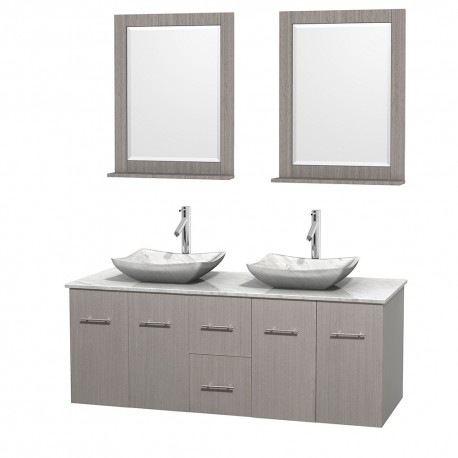 60 inch Double Bathroom Vanity in Gray Oak, White Carrera Marble Countertop, Avalon White Carrera Marble Sinks, and 24 inch Mir