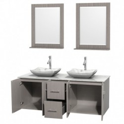 60 inch Double Bathroom Vanity in Gray Oak, White Carrera Marble Countertop, Avalon White Carrera Marble Sinks, and 24 inch Mir