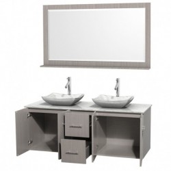 60 inch Double Bathroom Vanity in Gray Oak, White Carrera Marble Countertop, Avalon White Carrera Marble Sinks, and 58 inch Mir